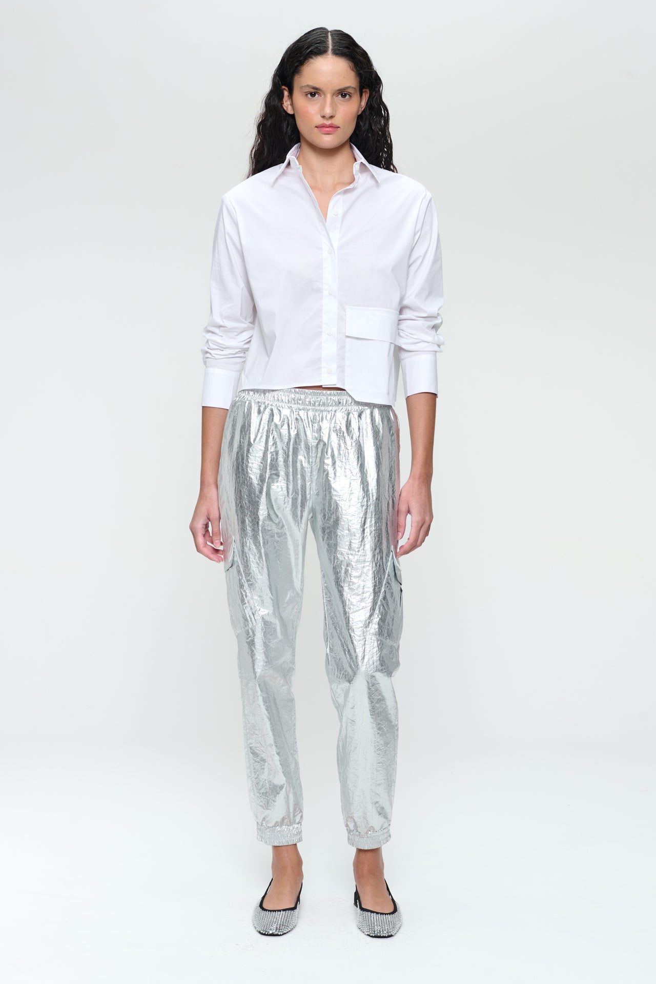 Alex silver shine foil pants | Silver