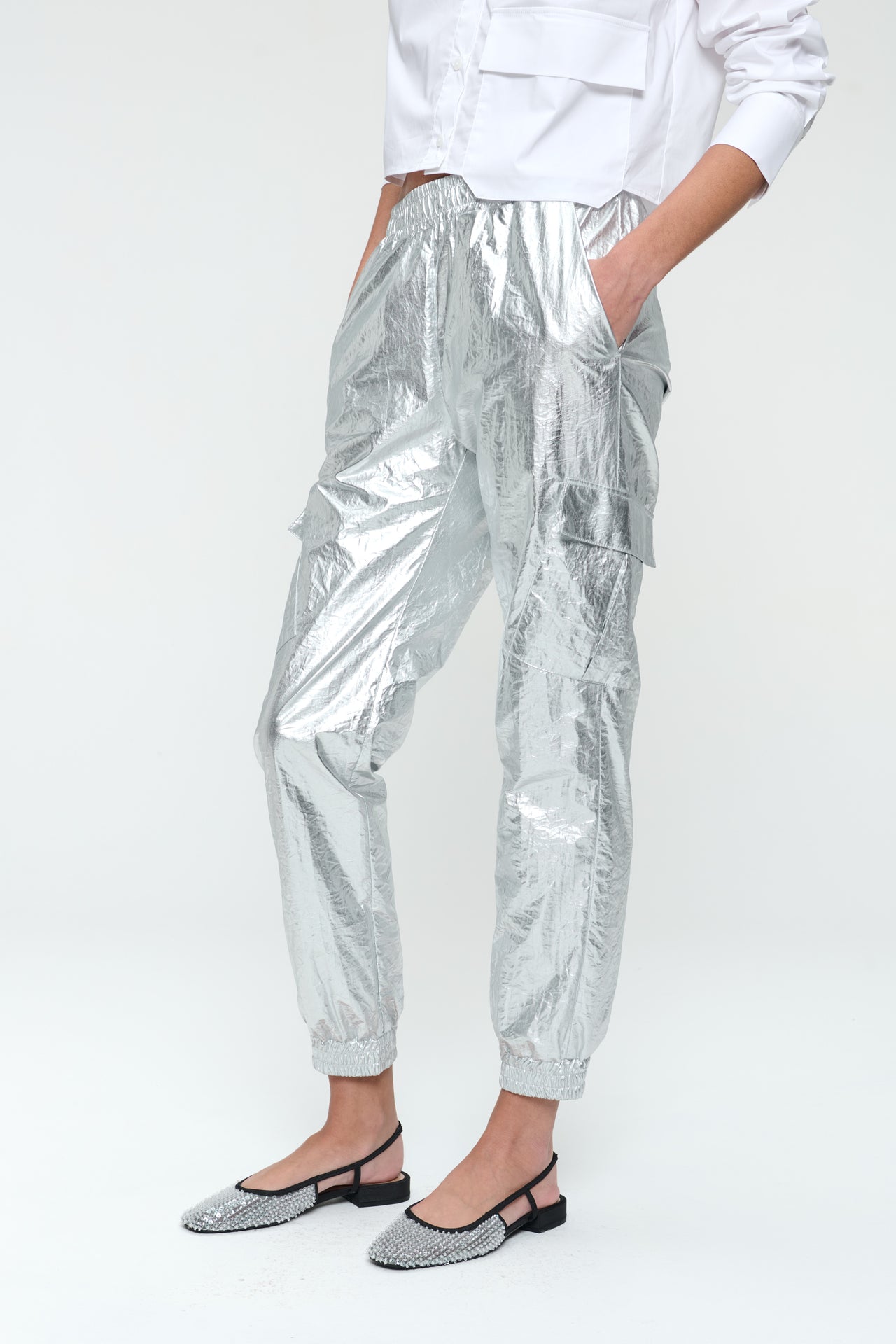 Alex silver shine foil pants | Silver